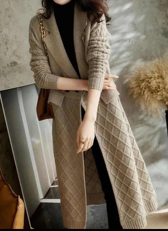 Women’s Long Cardigan – Wool Knit – Relaxed Fit – Open Front – Textured Design