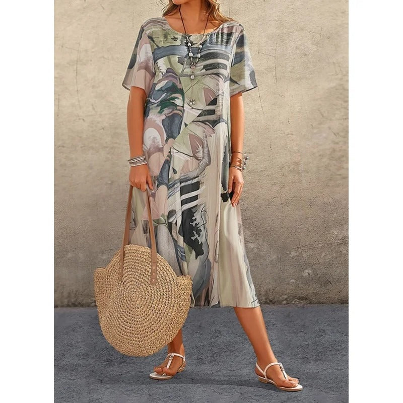 Women's A-Line Dress - Short Sleeve - Knee-Length - Relaxed Fit - Artistic Pattern