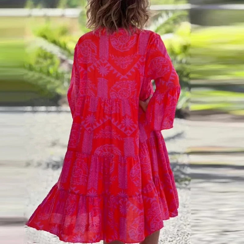 Women's Tunic Dress - Loose Fit - V-Neck - Long Sleeve Lightweight Casual Wear