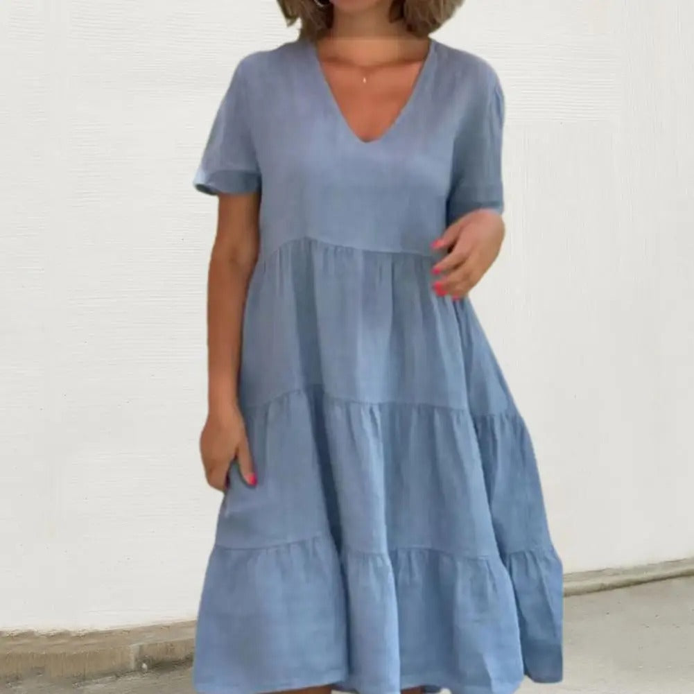 Women's Boho Dress - Flowy Fit - V-Neck Short Sleeve - Lightweight Casual Wear