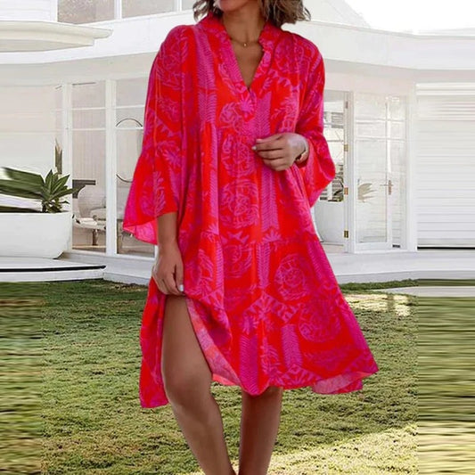 Women's Tunic Dress - Loose Fit - V-Neck - Long Sleeve Lightweight Casual Wear