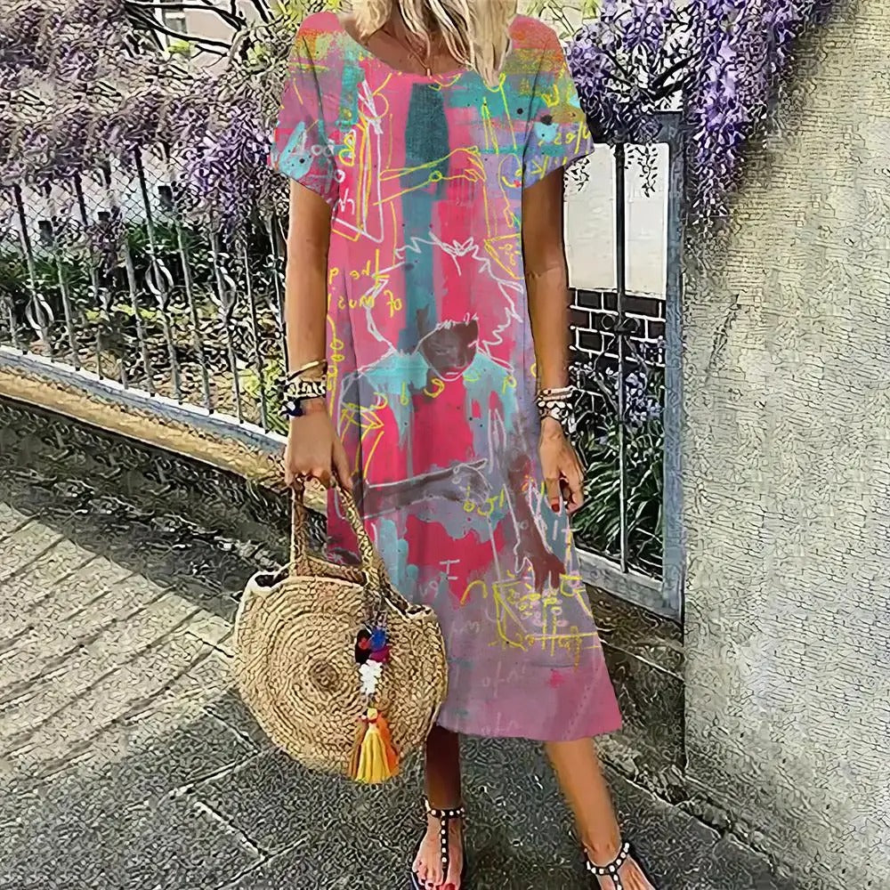 Women's A-Line Dress - Short Sleeve - Knee-Length - Relaxed Fit - Artistic Pattern