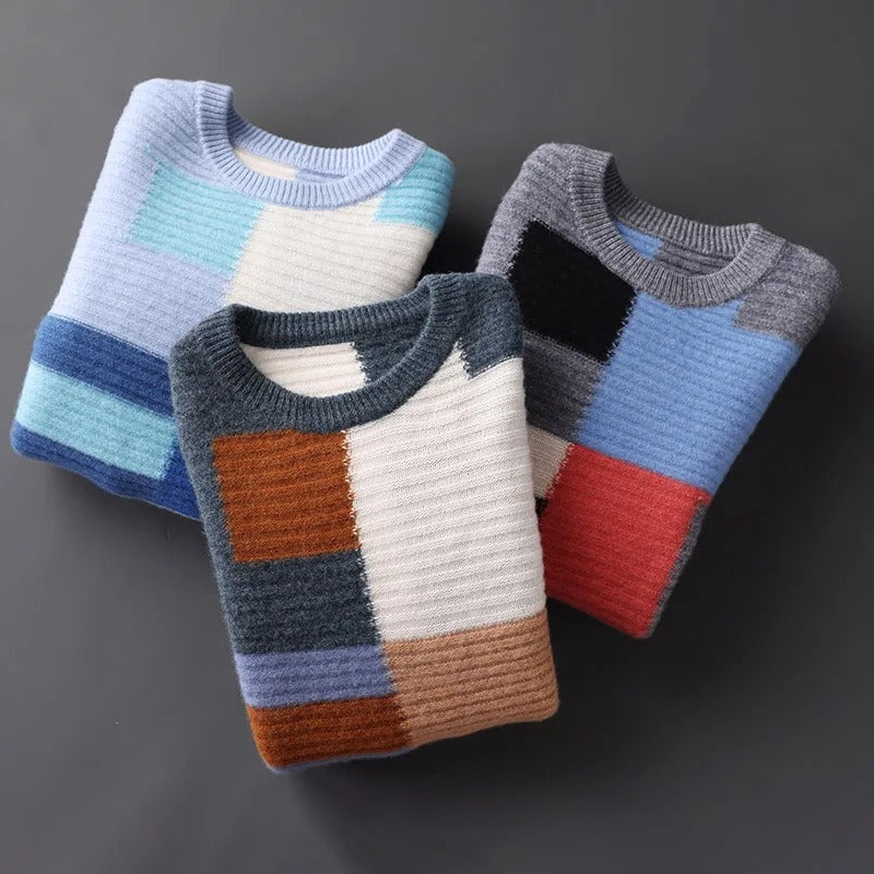 Arthur Geometric Patchwork Crewneck Sweater | Ribbed Cuffs Ribbed Hem Sweater