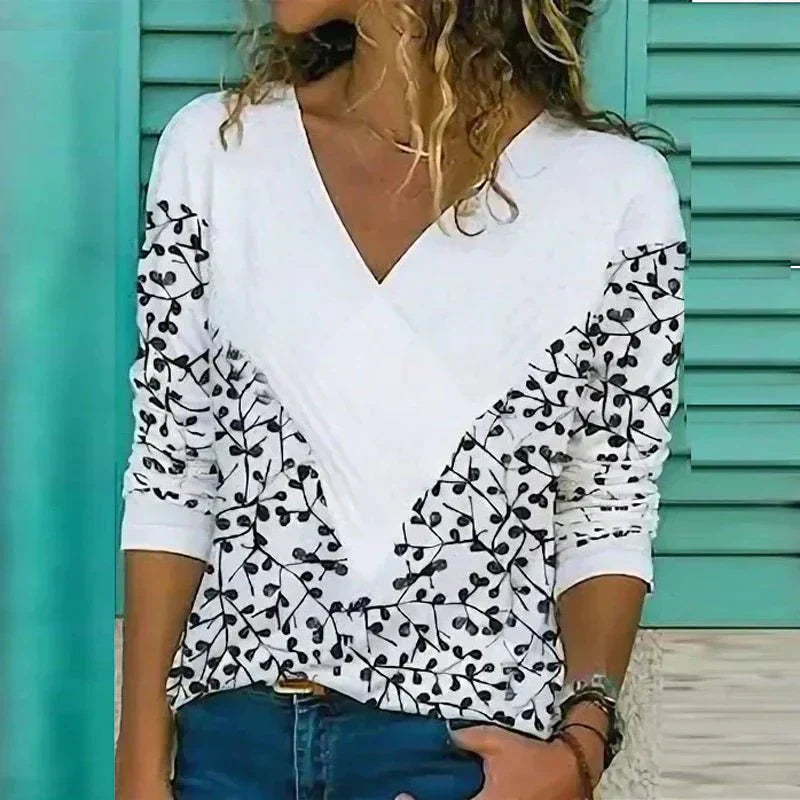 Women’s V-Neck Blouse – Loose Fit – Breathable Fabric – 3/4 Sleeve Floral Print
