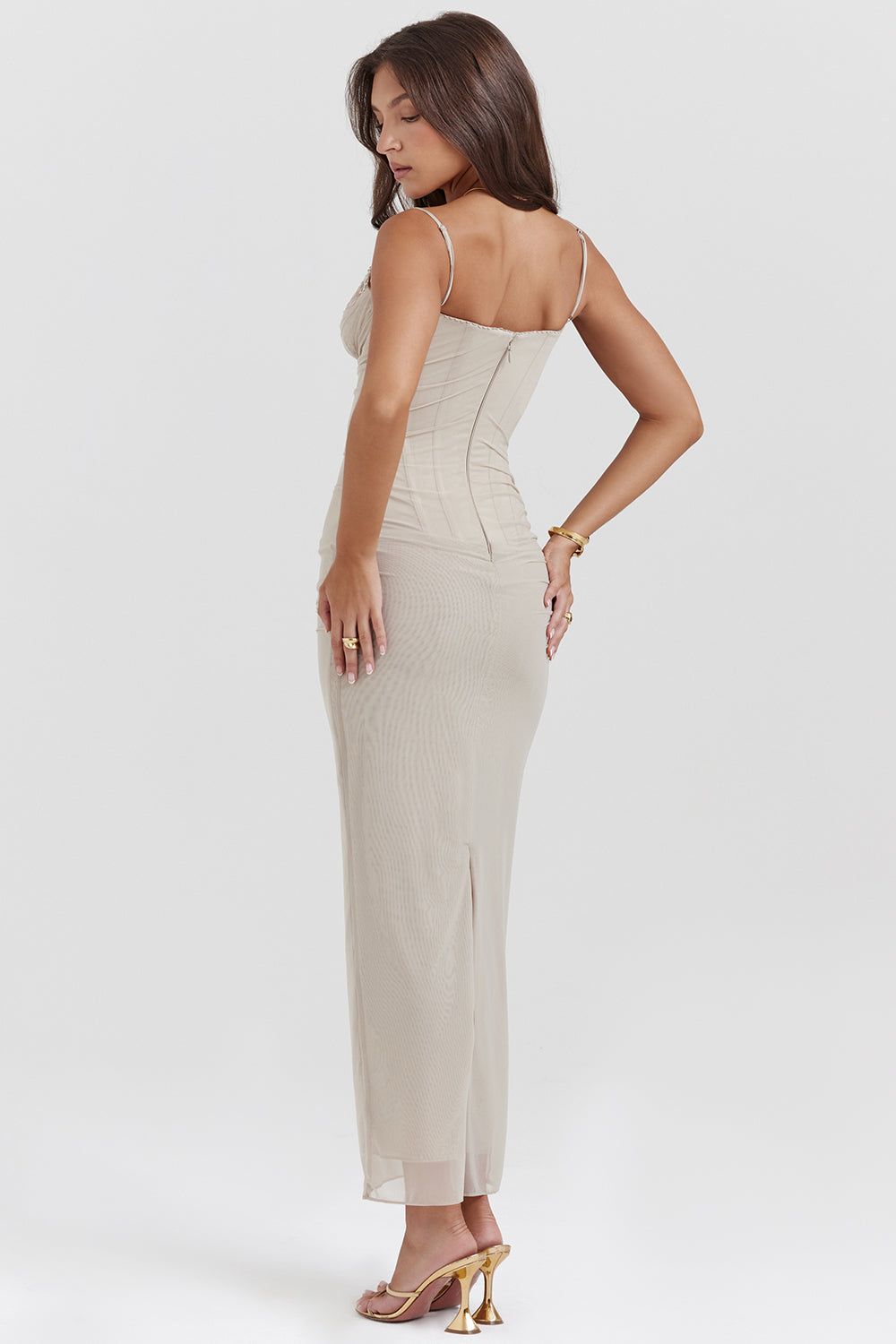 Women’s Maxi Dress – Fitted Silhouette – Chiffon Blend – Spaghetti Straps – Zip Closure