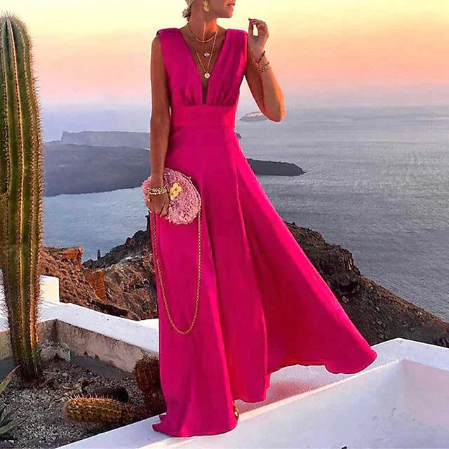 Women’s Maxi Dress – Flowy Fit – Deep V-Neck – Sleeveless – Breathable Blend – Floral Print