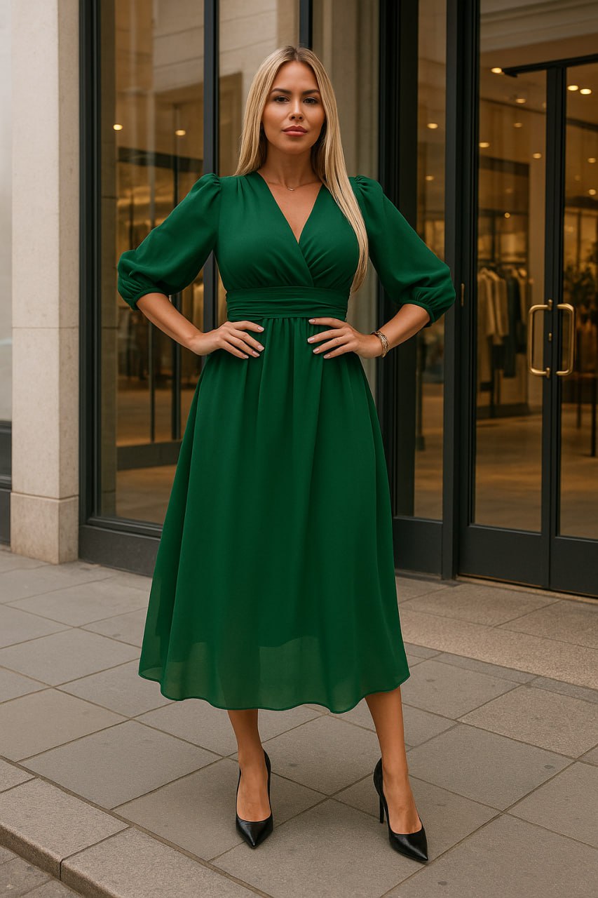 Women’s Evening Dress – V-Neck – A-Line Silhouette – Silk – Midi Length – 3/4 Sleeve