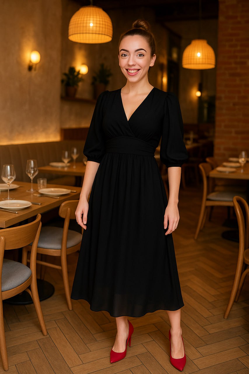 Women’s Evening Dress – V-Neck – A-Line Silhouette – Silk – Midi Length – 3/4 Sleeve