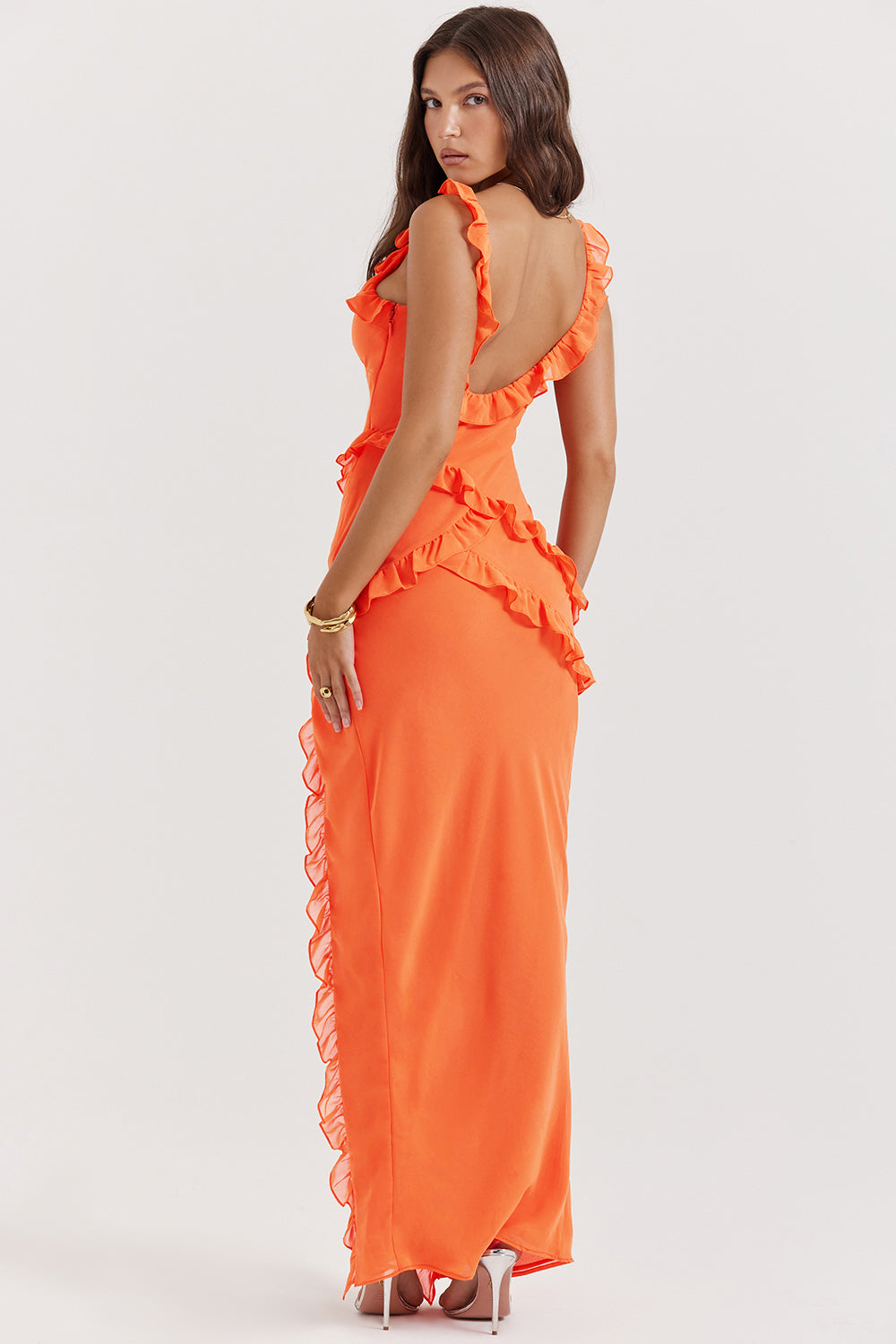 Women’s Maxi Dress – Slim Fit – Deep V-Neck – Ruffled Detail – High Slit – Sleeveless