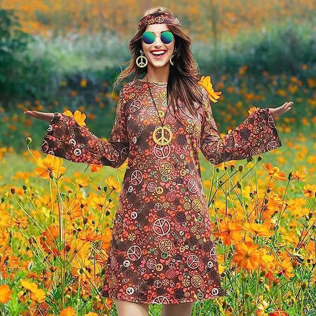 Women's A-Line Dress - 60s Retro Hippie Print - Long Bell Sleeves - Boho Style