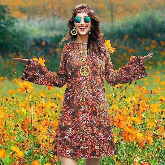Women's A-Line Dress - 60s Retro Hippie Print - Long Bell Sleeves - Boho Style