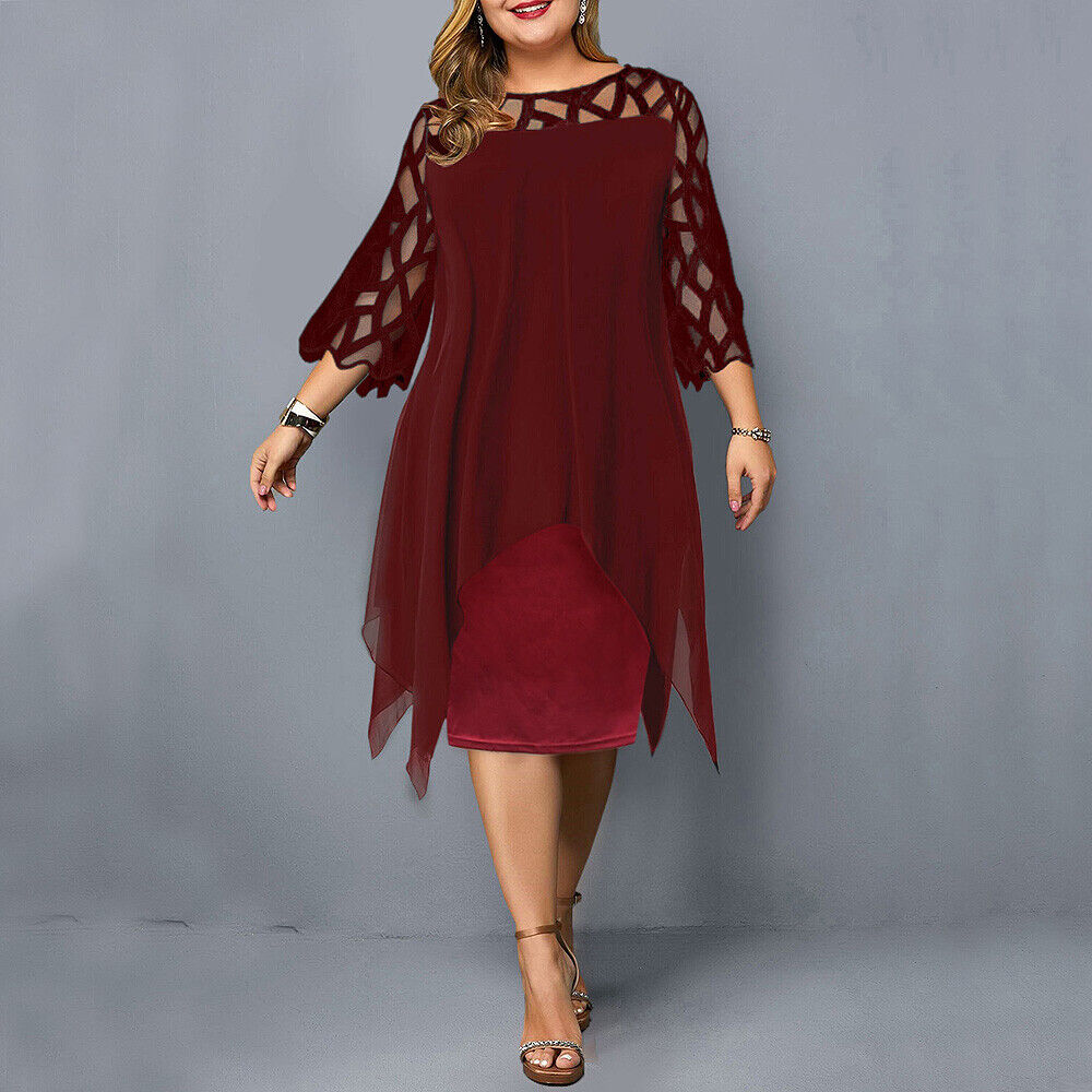 Women’s Midi Dress – Relaxed Fit – Sheer Overlay – Geometric Cut-Out – Half Sleeve