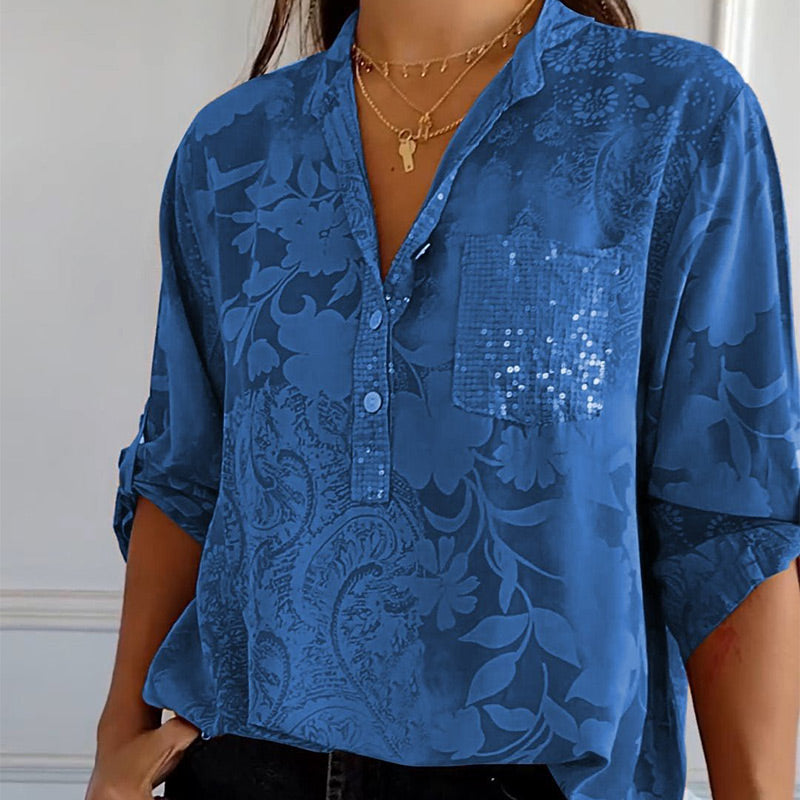 Women’s Blouse – Relaxed Fit – Lightweight Jacquard – Button Tab Sleeves – Collar Neck