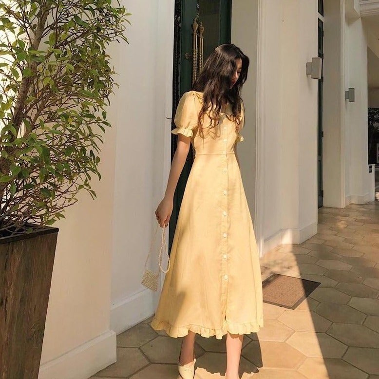 Women's Midi Dress - Square Neck - Puff Sleeves - Button Front - Flowy A-Line Fit