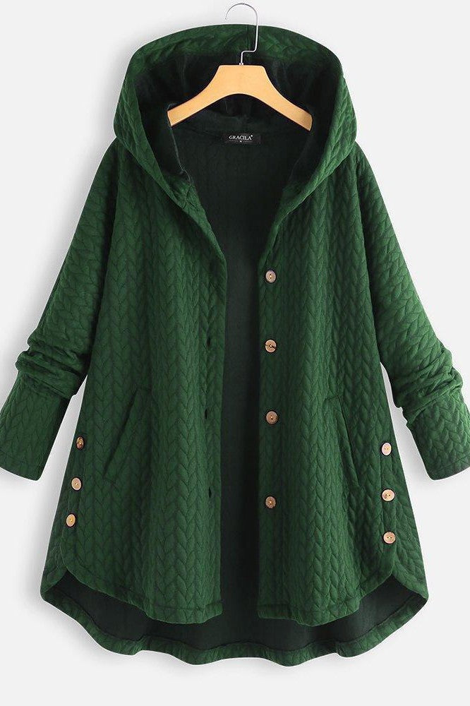 Women’s Hooded Coat – Oversized Fit – Quilted Chevron Texture – Button Closure