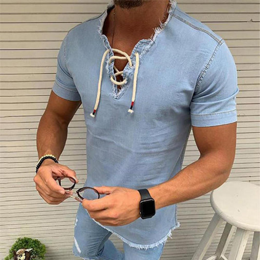 Men’s Short Sleeve Shirt - Lace-Up V-Neck - Frayed Hem - Casual Denim Look