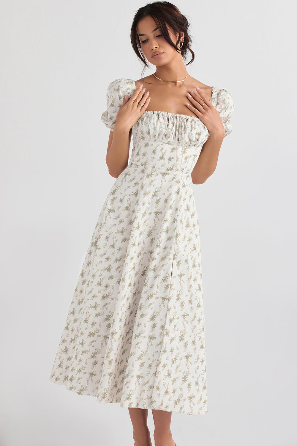 Women’s Midi Sundress – Cotton Blend – Ruched Bodice – Puff Sleeve – Square Neckline