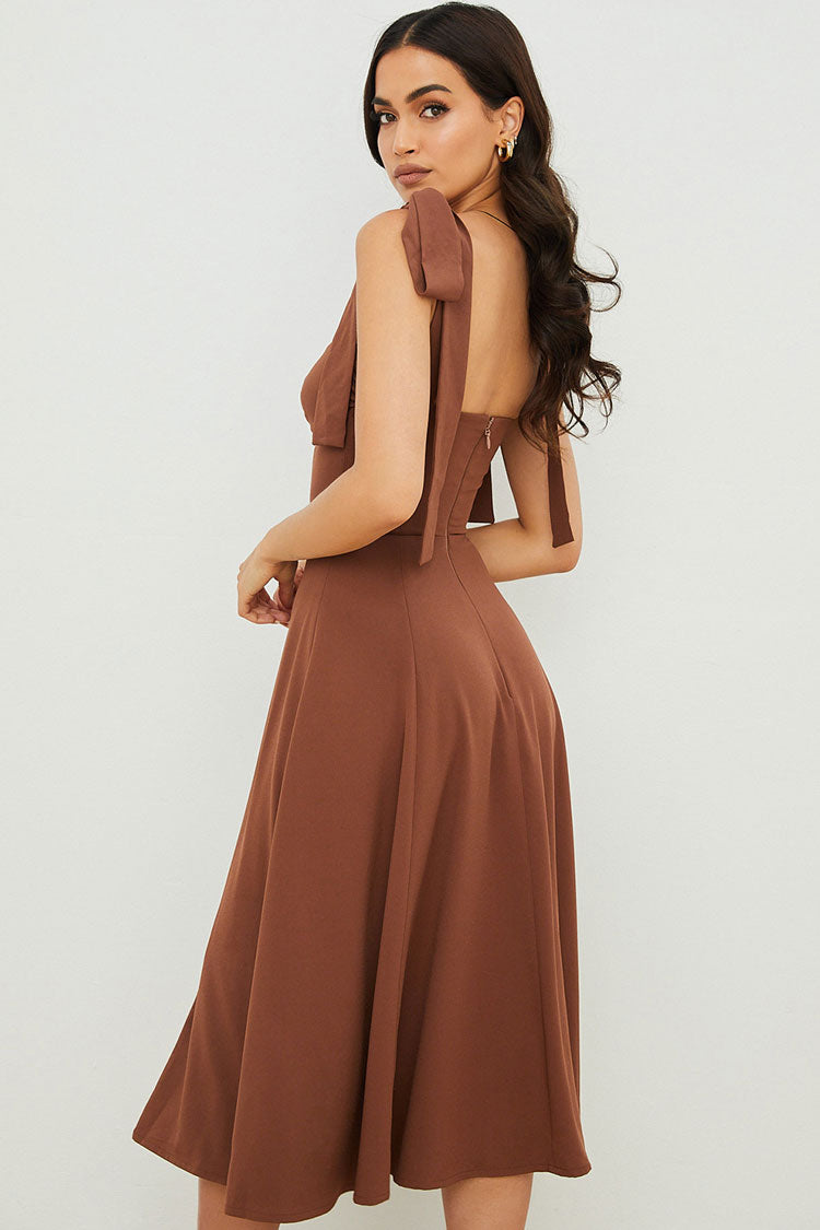Women’s Midi Slip Dress – Fit and Flare – Ruched Bust – High Slit – Tie Straps
