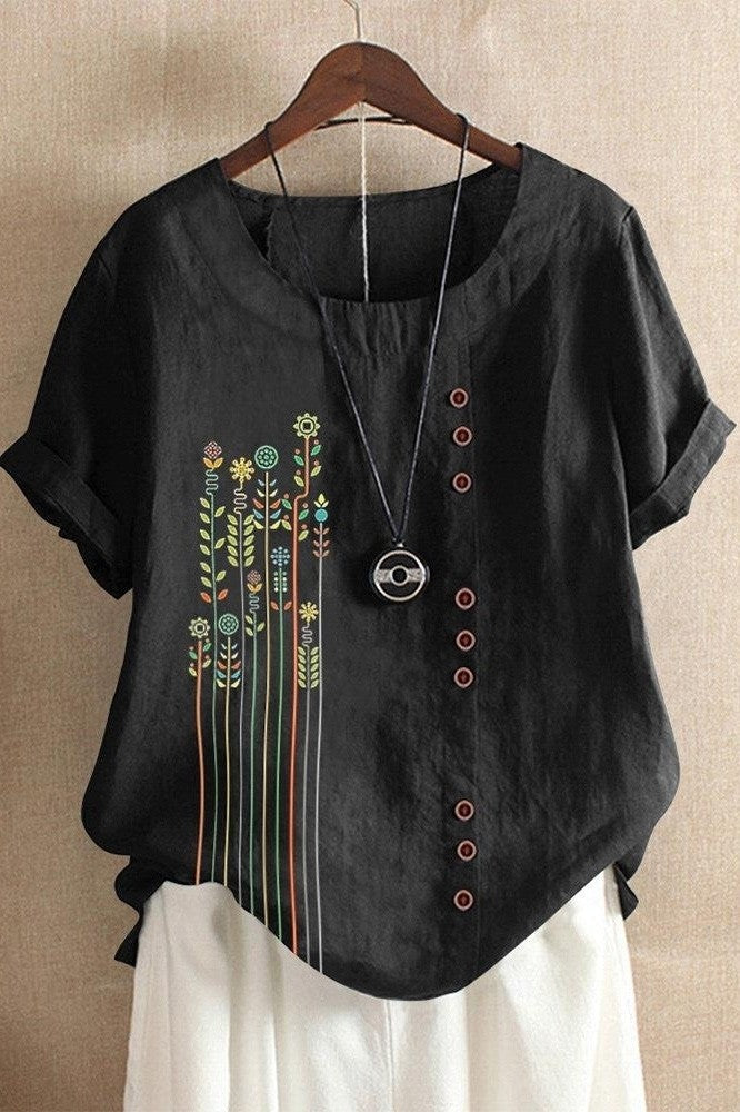 Women’s T-Shirt – Relaxed Fit – Short Sleeve – Floral Print – Decorative Buttons – Breathable Blend