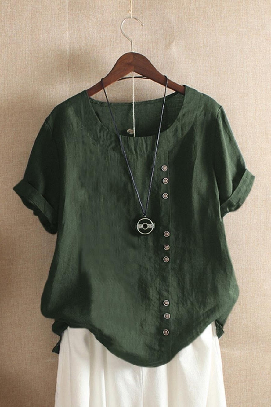 Women’s Blouse – Relaxed Fit – Short Sleeve – Round Neck – Side Button Detail – Breathable Blend