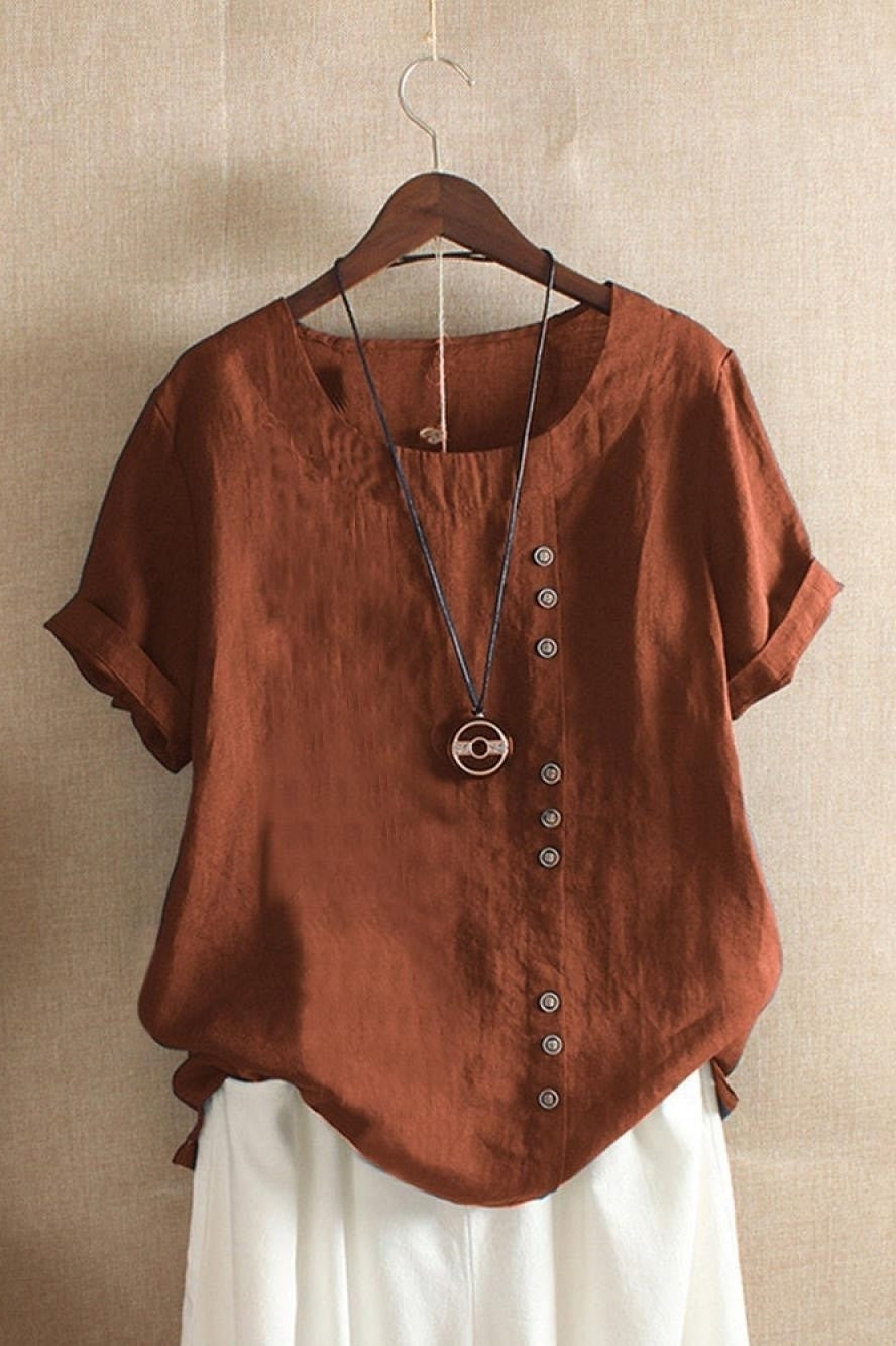 Women’s Blouse – Relaxed Fit – Short Sleeve – Round Neck – Side Button Detail – Breathable Blend