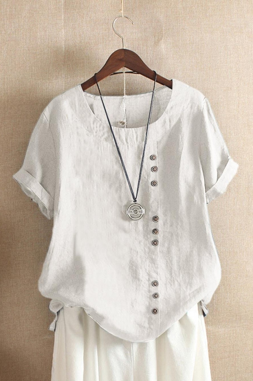 Women’s Blouse – Relaxed Fit – Short Sleeve – Round Neck – Side Button Detail – Breathable Blend
