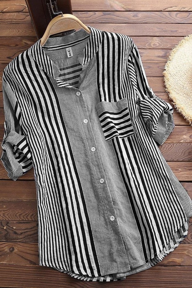 Women’s Tunic Blouse - Cotton Blend - Relaxed Fit - Band Collar - Roll-Tab Sleeves