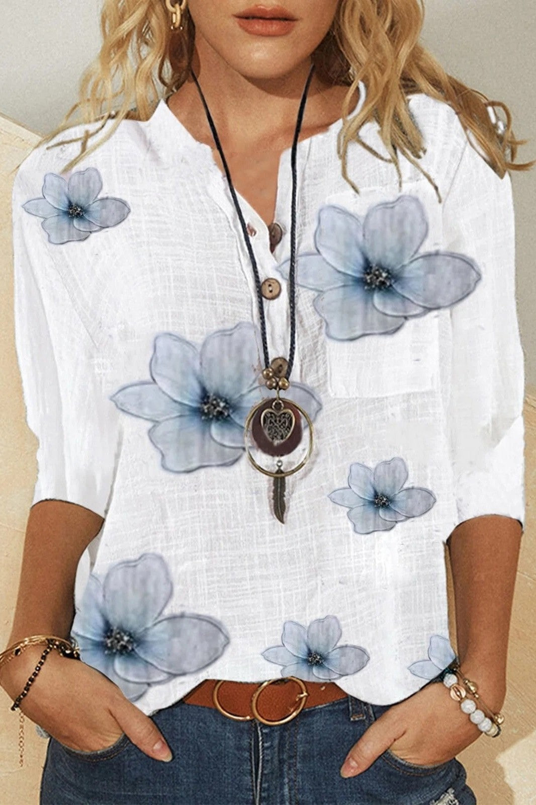 Women’s Blouse – V-Neck – Floral Print – Button Front – Half Sleeve – Cotton – Relaxed Fit