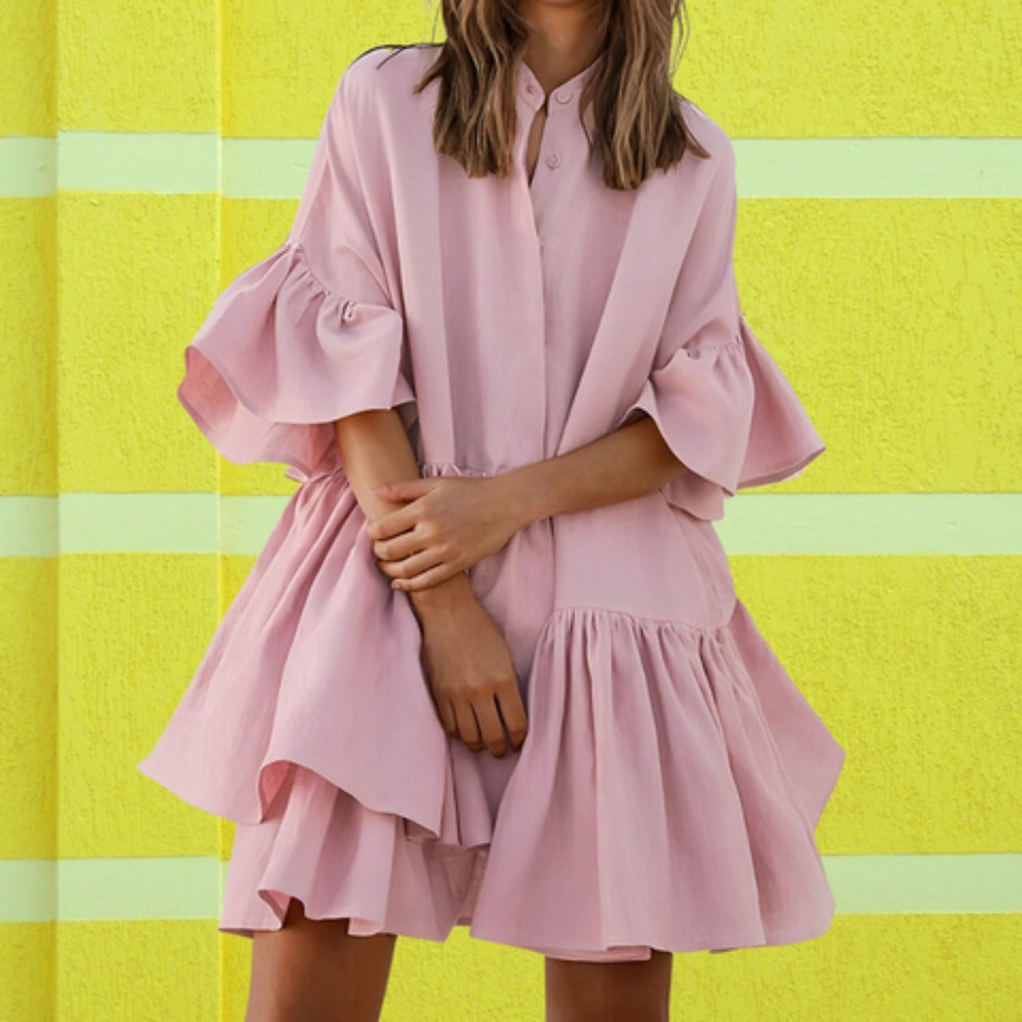 Women's Flowy Dress - Ruffled Hem - Bell Sleeves - Button-Down - Relaxed Fit