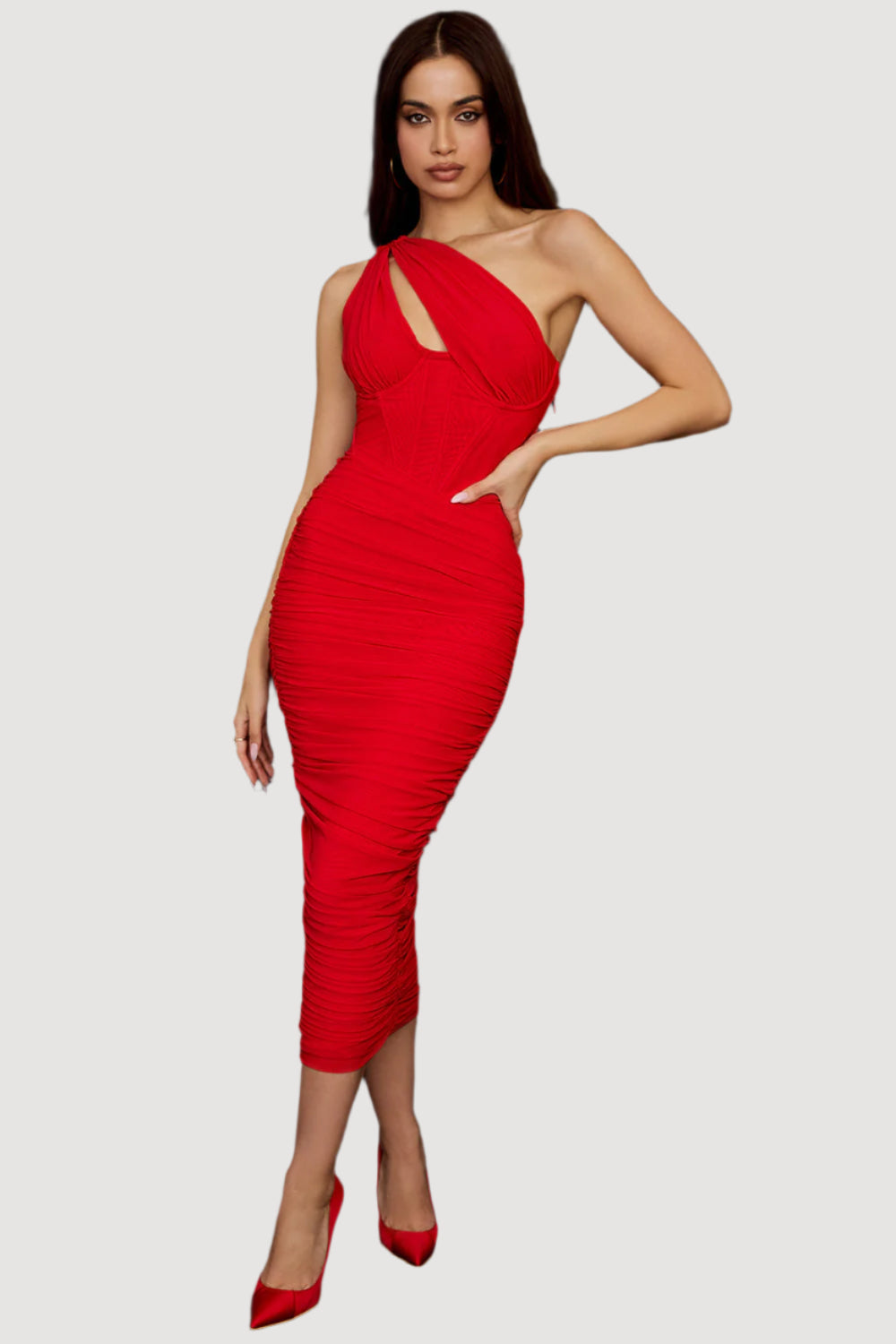 Women’s Midi Dress – Slim Fit – Asymmetric Neckline – Corset Waist – Ruched Detail