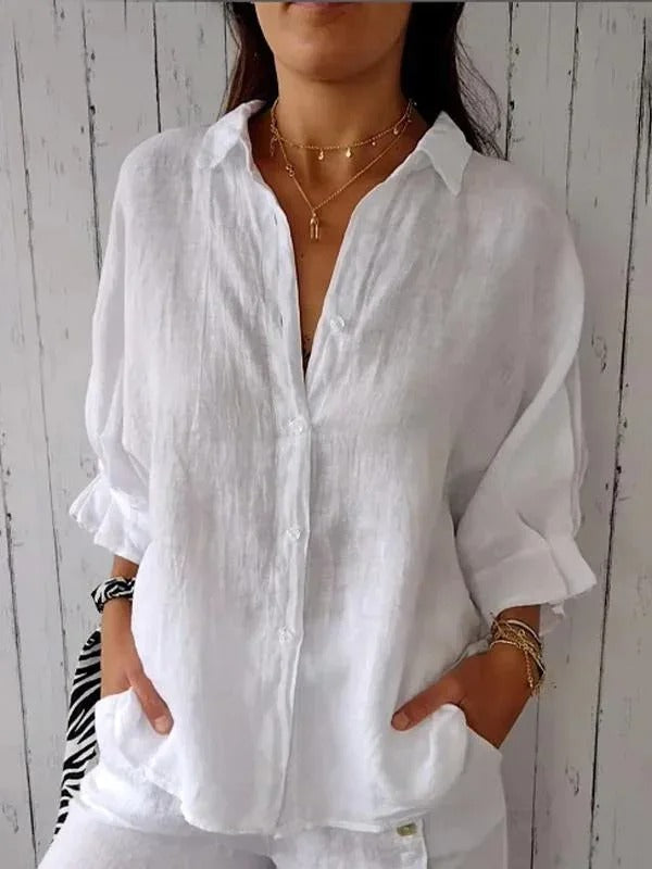 Women’s Button-Up Shirt – 100% Linen – Relaxed Fit – Long Sleeve – Pointed Collar