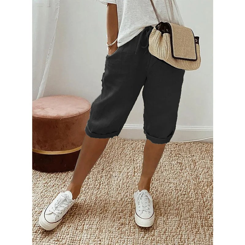 Women's Knee-Length Shorts - Cotton Blend - Drawstring Waist - Relaxed Fit Casual Wear