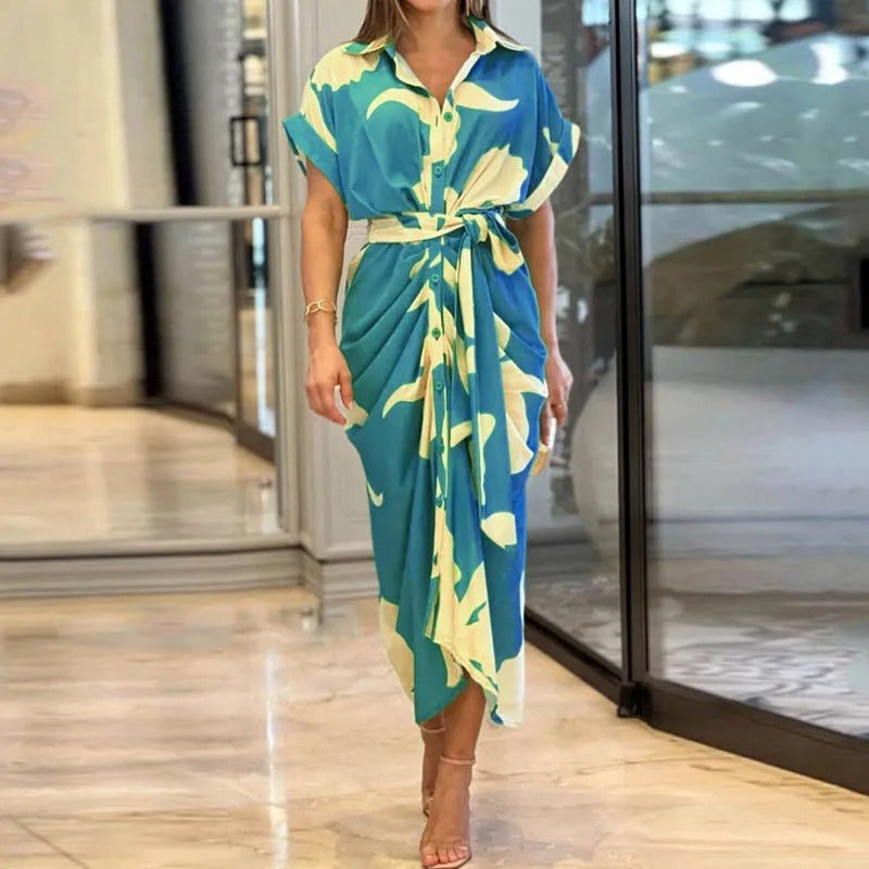 Women's Shirt Dress - Button Down - Short Sleeve - Notched Lapel - Tie Waist - Knee Length