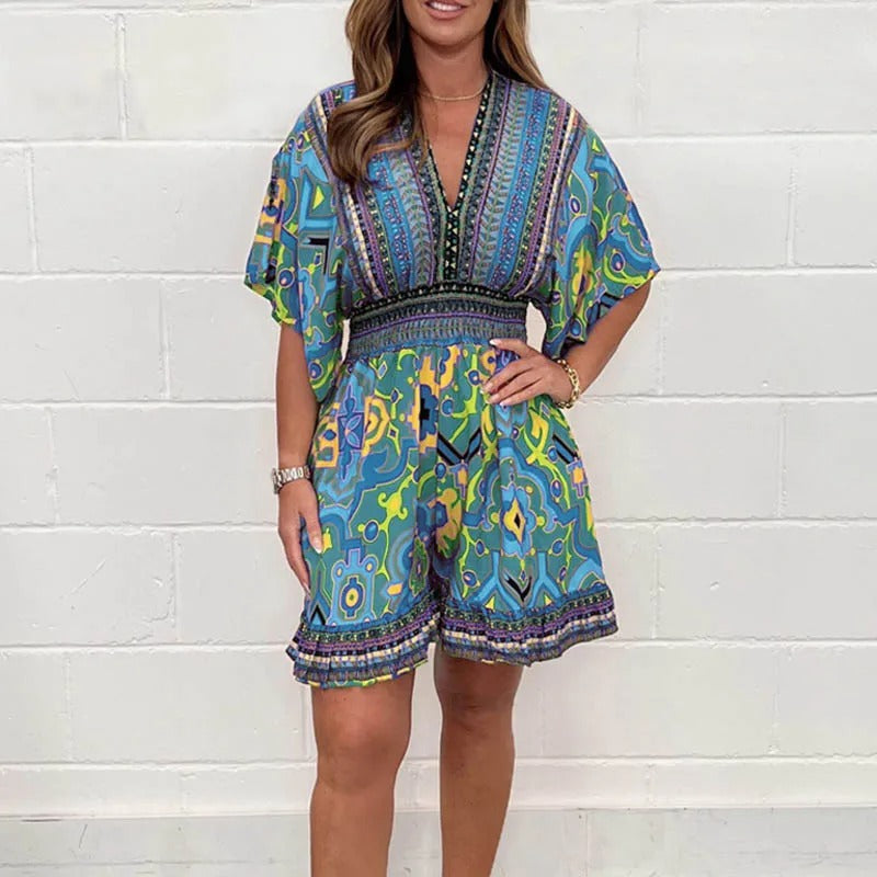 Women's Playsuit - V-Neck Embellished - Short Sleeve Flowy Fit - Elegant Pattern