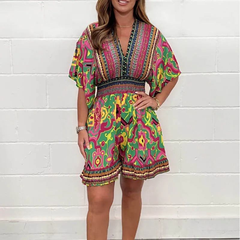 Women's Playsuit - V-Neck Embellished - Short Sleeve Flowy Fit - Elegant Pattern