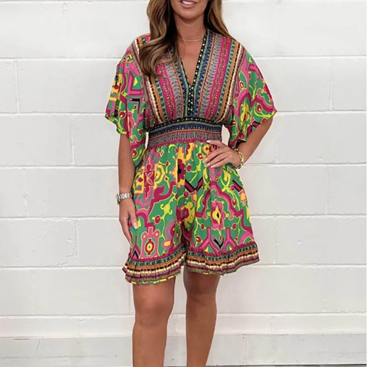 Women's Playsuit - V-Neck Embellished - Short Sleeve Flowy Fit - Elegant Pattern