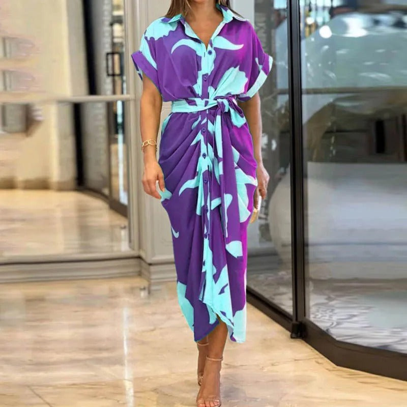 Women's Shirt Dress - Button Down - Short Sleeve - Notched Lapel - Tie Waist - Knee Length