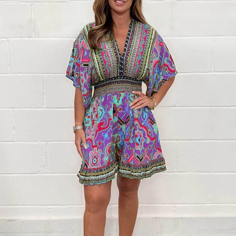 Women's Playsuit - V-Neck Embellished - Short Sleeve Flowy Fit - Elegant Pattern