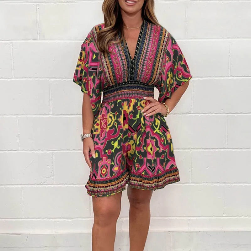Women's Playsuit - V-Neck Embellished - Short Sleeve Flowy Fit - Elegant Pattern