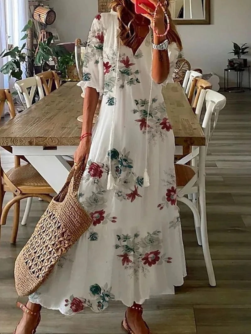 Women's Maxi Dress - Floral Print - Short Sleeve - V-Neck Boho Casual Wear