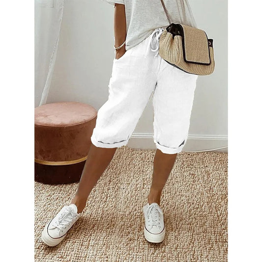 Women's Knee-Length Shorts - Cotton Blend - Drawstring Waist - Relaxed Fit Casual Wear