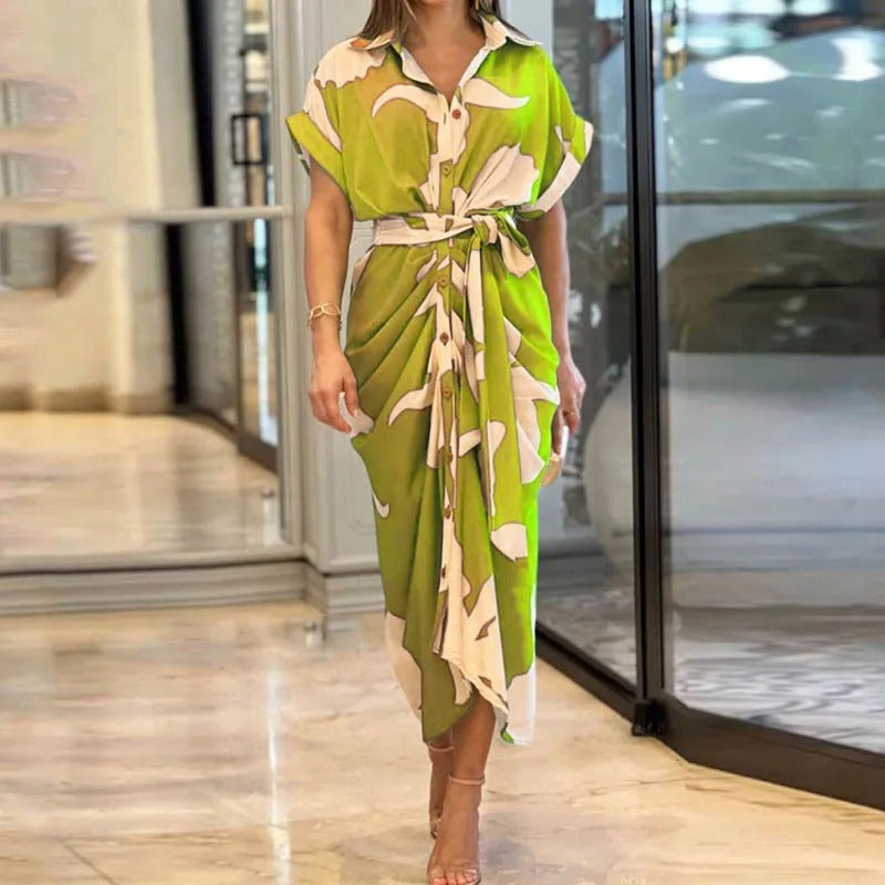 Women's Shirt Dress - Button Down - Short Sleeve - Notched Lapel - Tie Waist - Knee Length