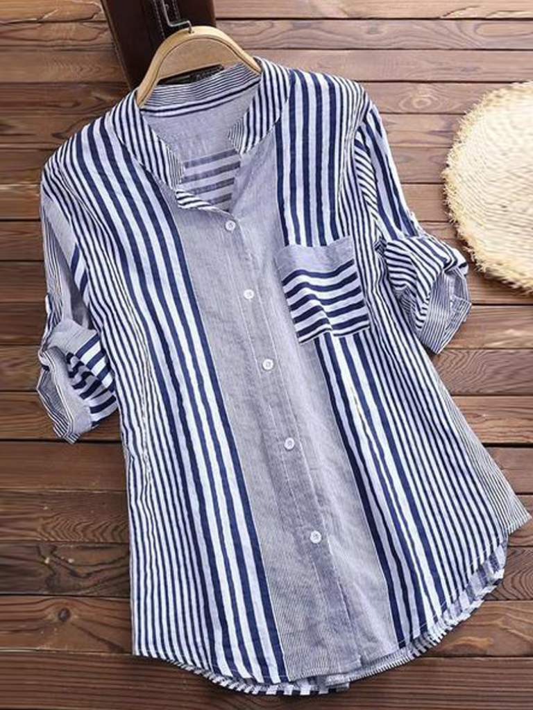 Women’s Blouse – Relaxed Fit – Striped – Button Front – Long Sleeve
