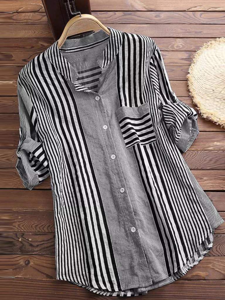 Women’s Blouse – Relaxed Fit – Striped – Button Front – Long Sleeve