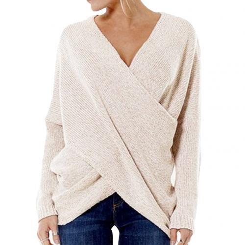 Women’s Pullover Sweater – Relaxed Fit – Wool Blend – Ribbed Knit – Crossover V-Neck