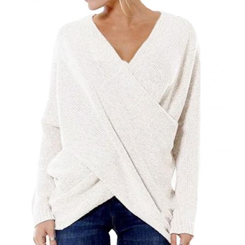 Women’s Pullover Sweater – Relaxed Fit – Wool Blend – Ribbed Knit – Crossover V-Neck
