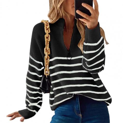Women’s Knit Pullover – Relaxed Fit – Ribbed Texture – Zip Collar – Striped Sleeve