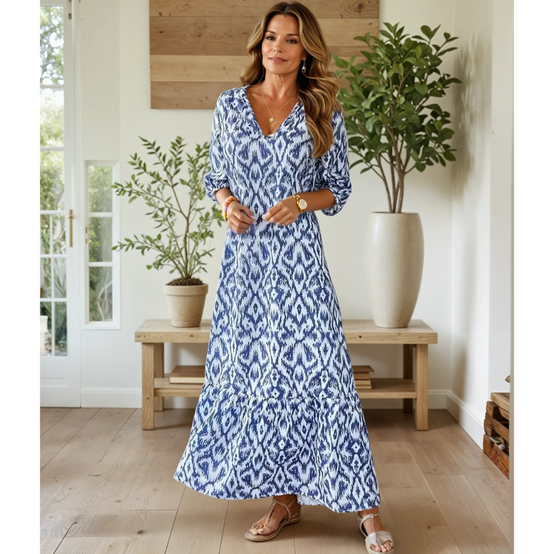 Women’s Maxi Dress – Relaxed Fit – Short Sleeve – V-Neck – Boho Tassel Accents
