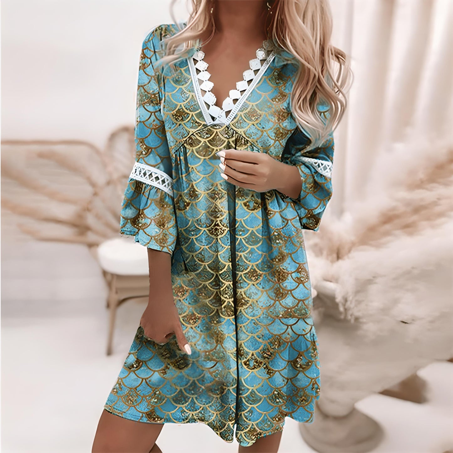 Women's A-Line Dress - V-Neck Lace Trim - 3/4 Sleeve Floral Print Casual Wear