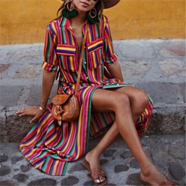 Women's Shirt Dress - Button Down - Short Sleeve - Relaxed Fit - Midi Length